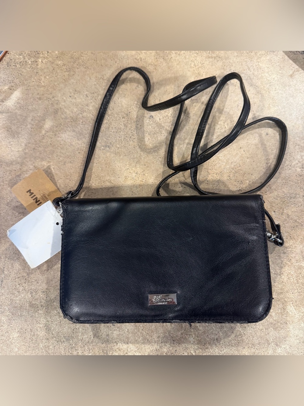 Vintage Buxton Black Leather Crossbody with Silver Logo Plaque